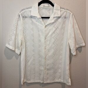 Zara Men’s Relaxed Fit White Short Sleeves Geometric Textured Shirt Size‎ L